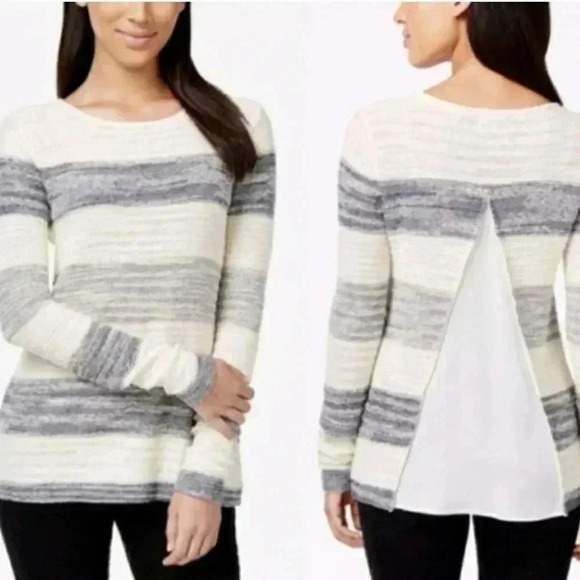 Calvin Klein Jeans Womens Striped Split-Back Sweater Contrast Ivory Gray M - Picture 1 of 12